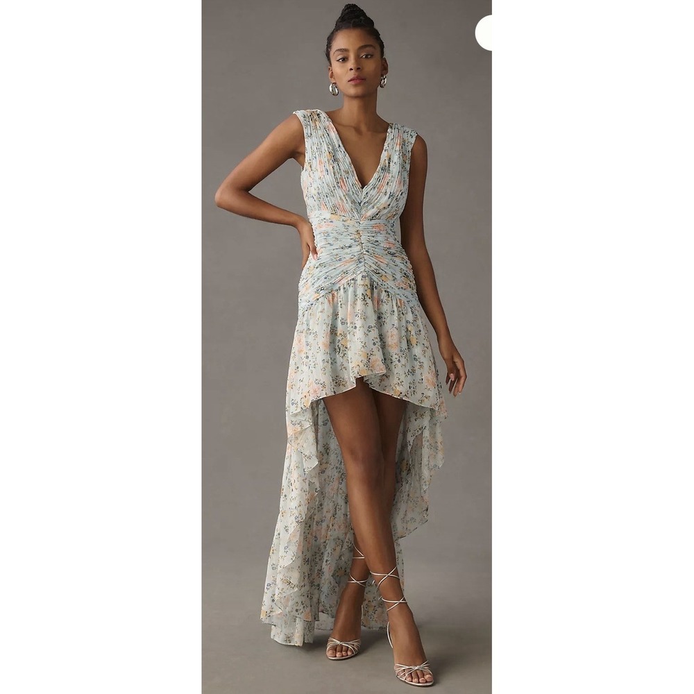 Mac Duggal Floral Print Ruched Cap Sleeve High Low Gown Blue Multi Size 6 - Picture 1 of 13
